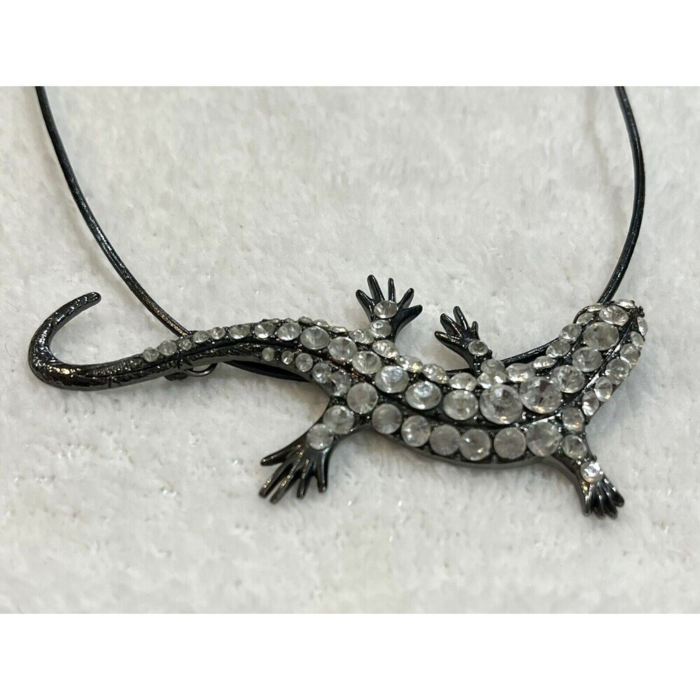VTG Gun Metal W/Clear Rhinestones Gecko Lizard 3in Faux Leather Cord Whimsygoth